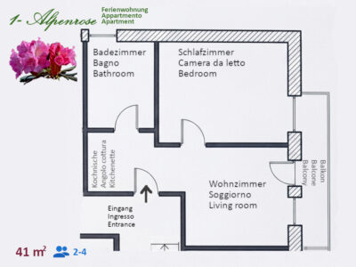 Planimetria dell’appartamento Alpenrose con camera, soggiorno, cucina, bagno e balcone
