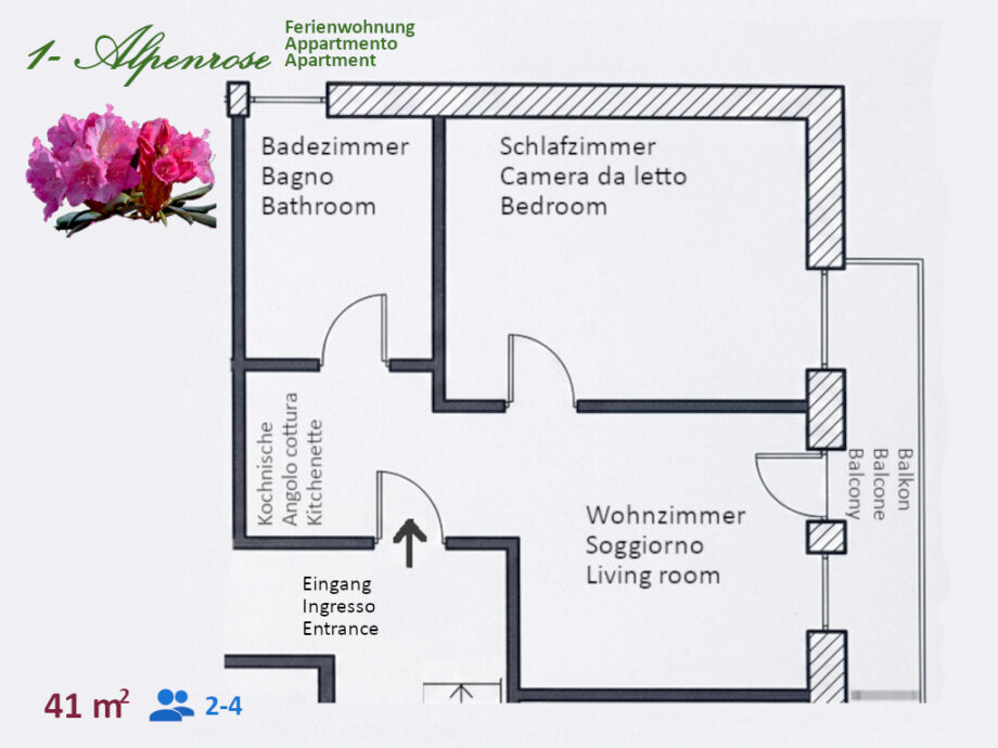 Planimetria dell’appartamento Alpenrose con camera, soggiorno, cucina, bagno e balcone