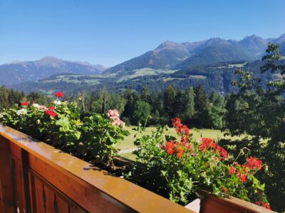 Balcone fiorito dell’appartamento Edelweiss con panorama sulle montagne