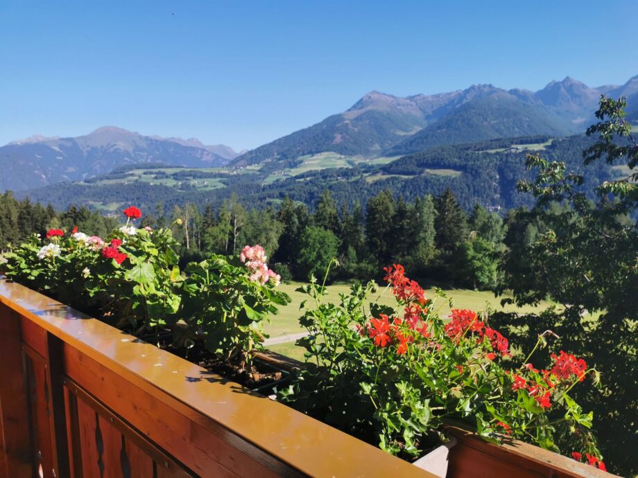 Balcone fiorito dell’appartamento Edelweiss con panorama sulle montagne