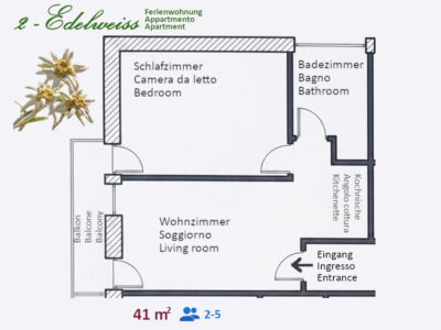 Planimetria dell’appartamento Edelweiss con camera, soggiorno, cucina, bagno e balcone