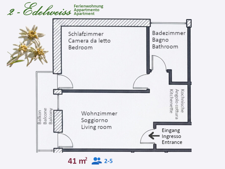 Planimetria dell’appartamento Edelweiss con camera, soggiorno, cucina, bagno e balcone