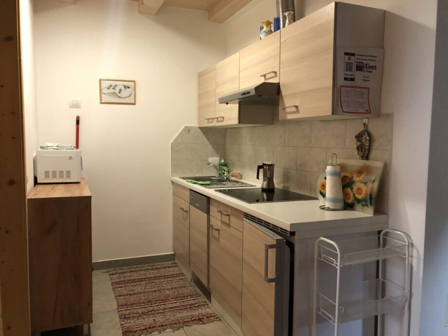 Cucina dell’appartamento Geranie con piano cottura, lavello e frigorifero