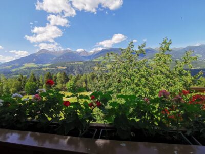 Vista sulle montagne dal balcone fiorito dell’appartamento Geranie