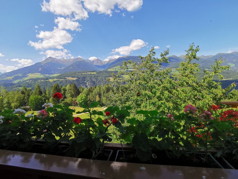 Vista sulle montagne dal balcone fiorito dell’appartamento Geranie