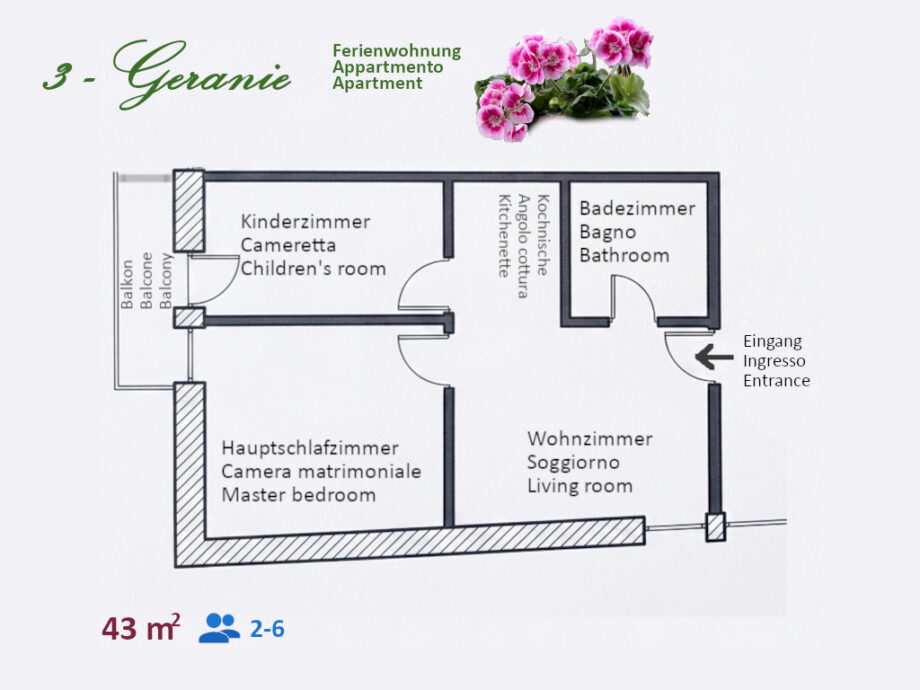 Planimetria dell’appartamento Geranie con due camere, soggiorno, cucina e bagno