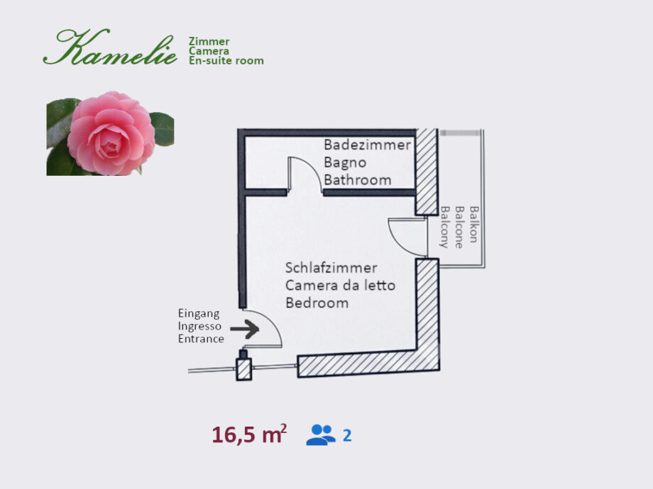 Planimetria della camera Kamelie con bagno privato e balcone