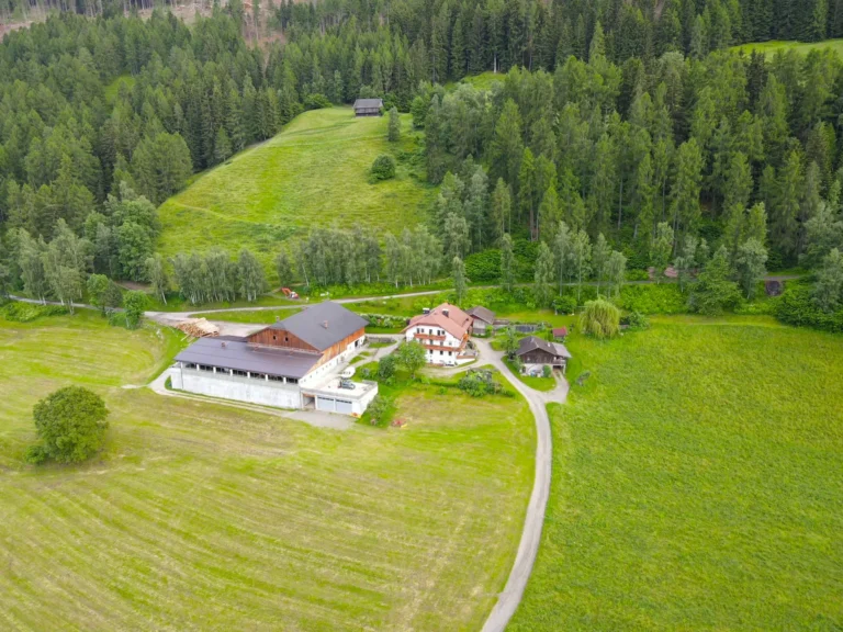 Veduta aerea del maso Hofer Hof con edifici rurali, prati e bosco