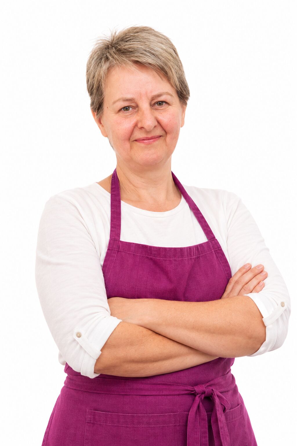 Ritratto della cuoca della Jausestation Hofer Hof con grembiule viola