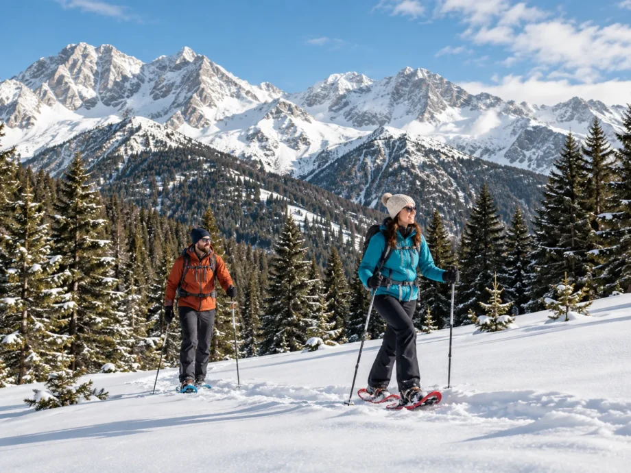 Due escursionisti con ciaspole fra abeti innevati e montagne