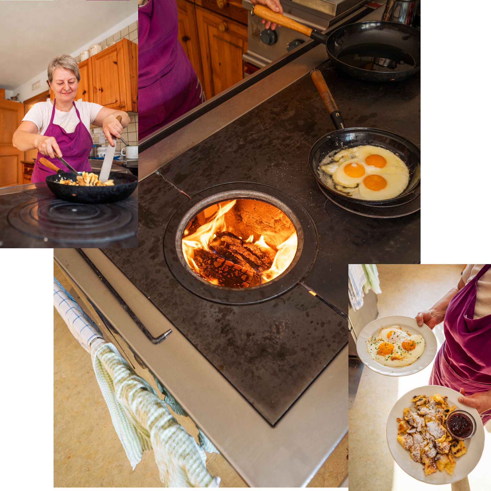 Cucina a legna con fuoco acceso e piatti in preparazione alla Jausestation