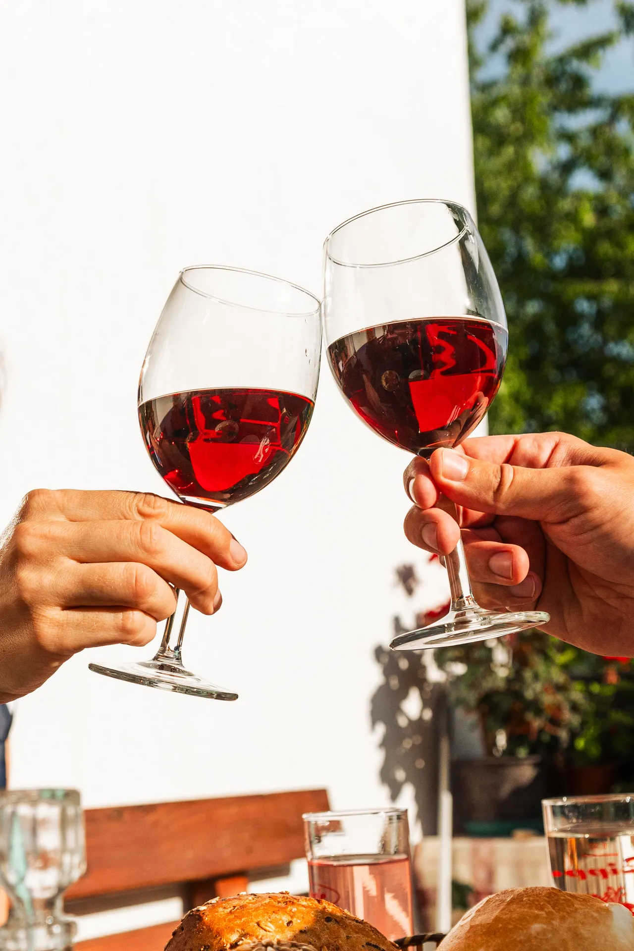 Due calici di vino rosso alzati per un brindisi