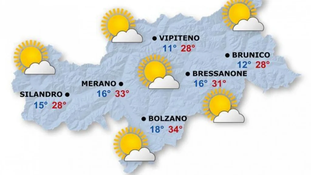 Cartina meteo dell’Alto Adige con simboli del tempo e temperature